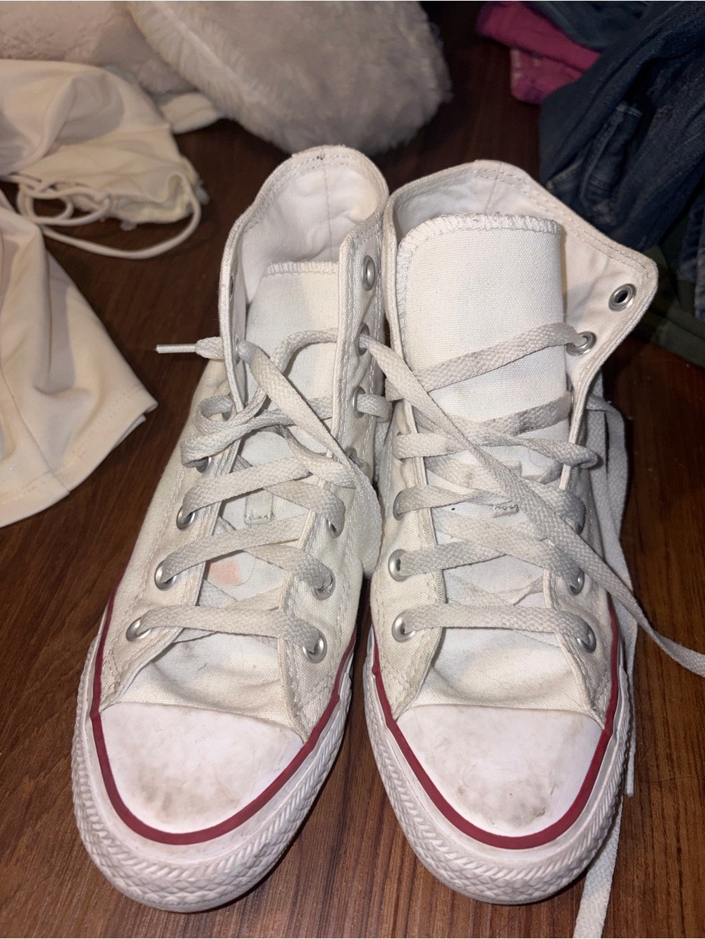 Converse White High Top Sneakers with Red Stripe